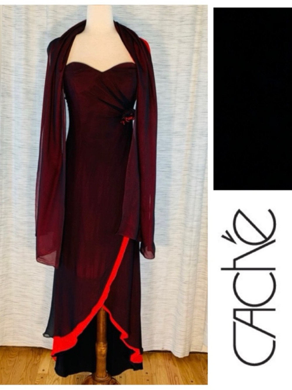 Cache Strapless Burgundy Asymmetrical Dress with Shawl.